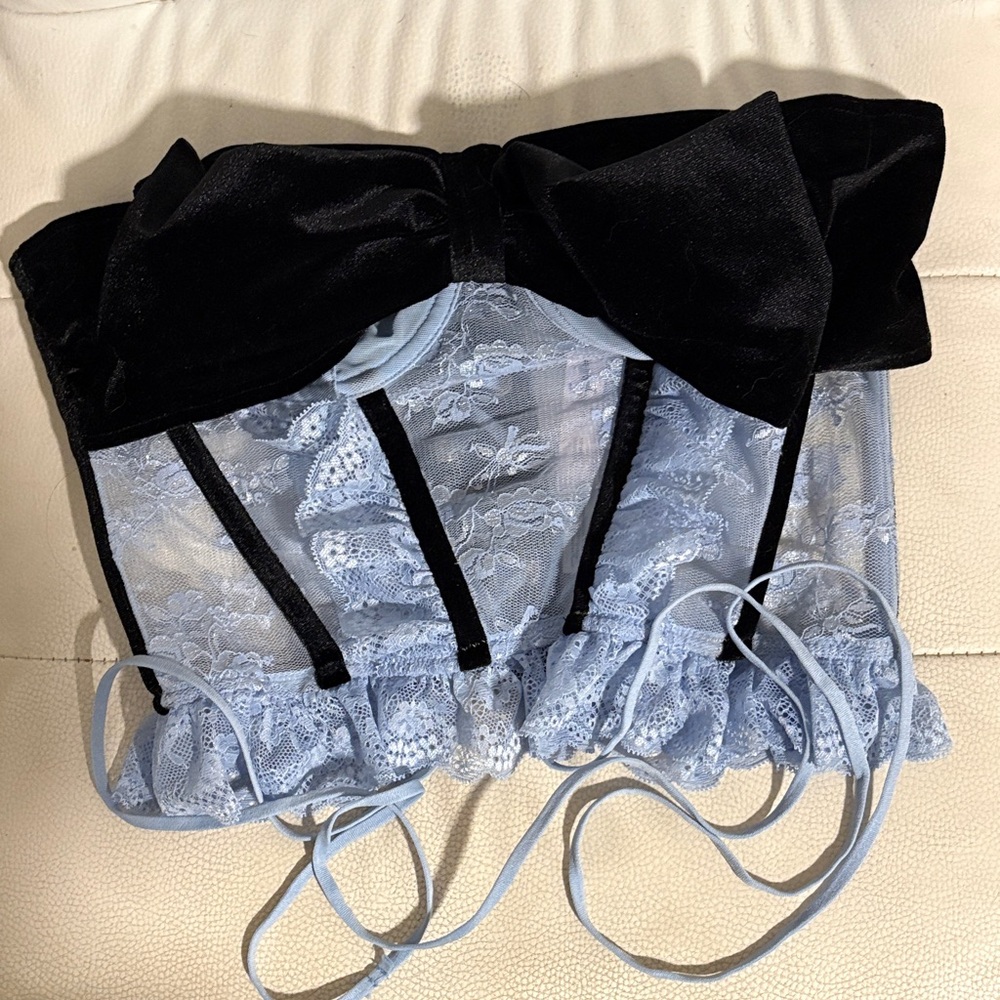 For Love And Lemons Blue Lace Bandeau with Black Velvet